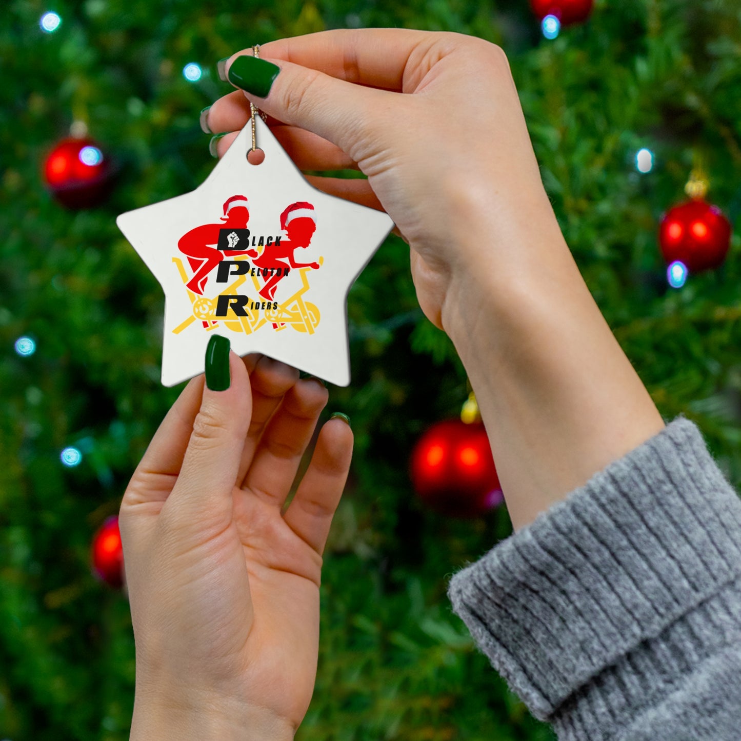 Black Peloton Riders Ceramic Star Ornament — Biking Crew Holiday Decoration